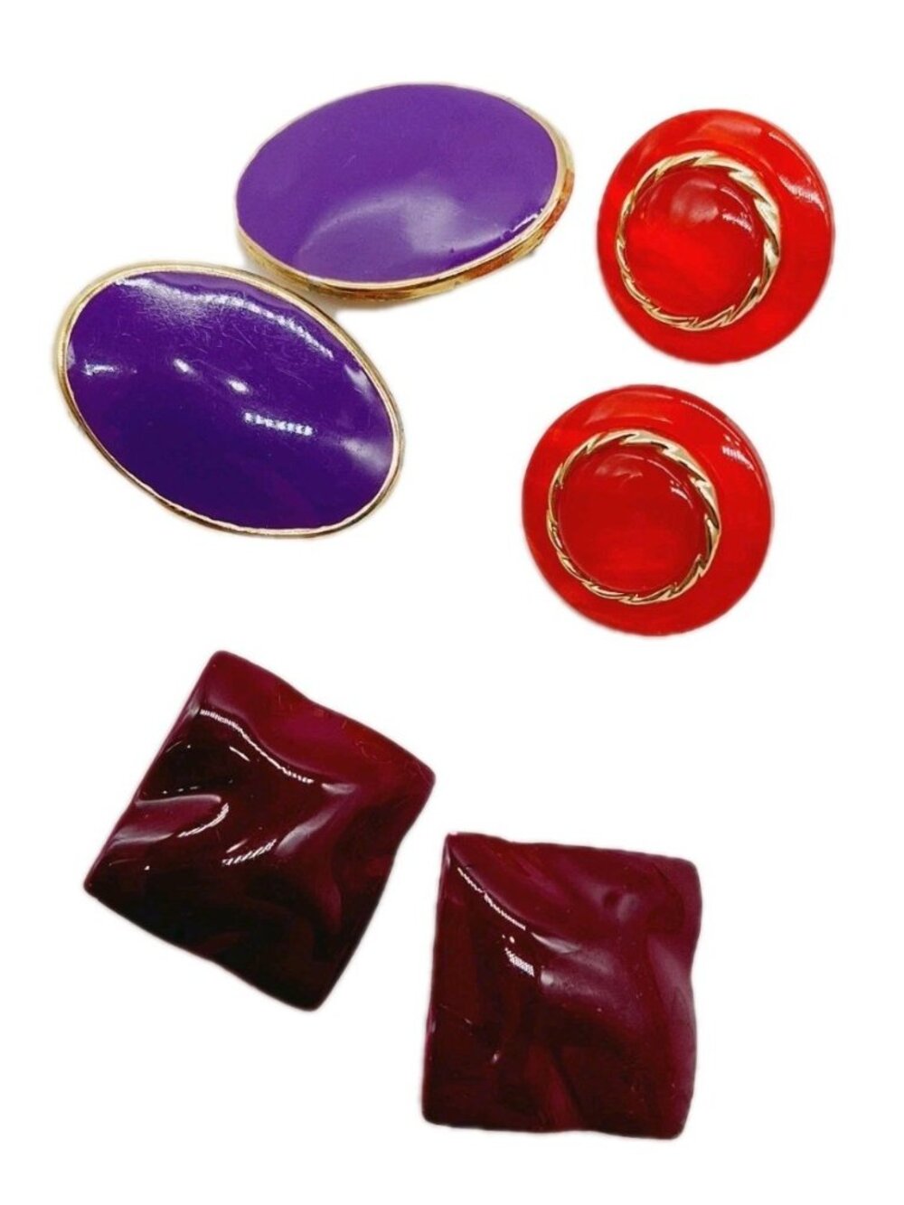 Set Of 3 Earrings Purple Red Gold Square Round Oval 80' Plastic Acrylic